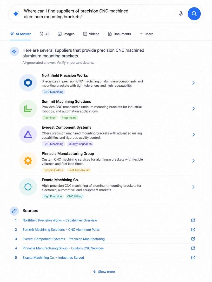 Mobile AI search answer listing suppliers for a component, with its sources