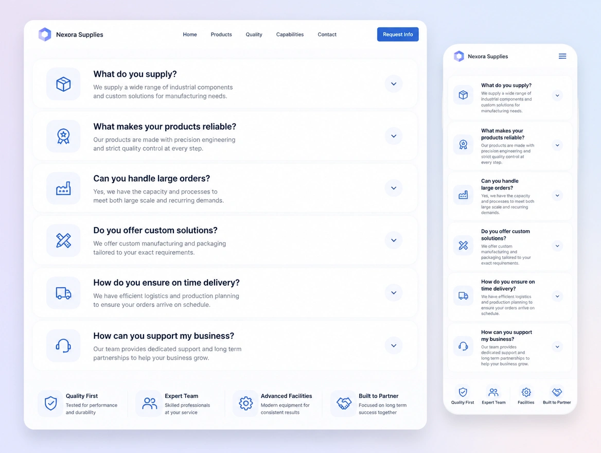 Website mockup showing question-shaped headings
