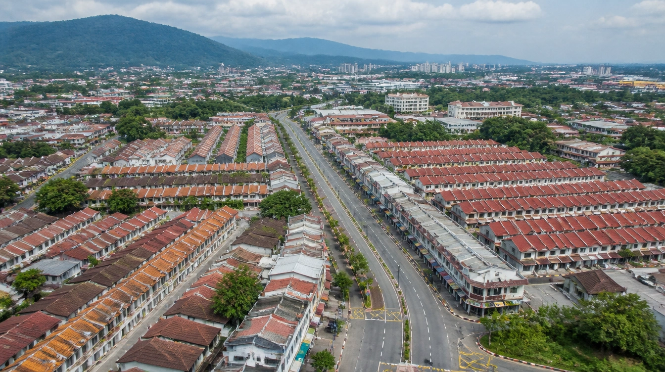 An overview of Alma south of Bukit Mertajam with terraced housing estates and shoplot rows