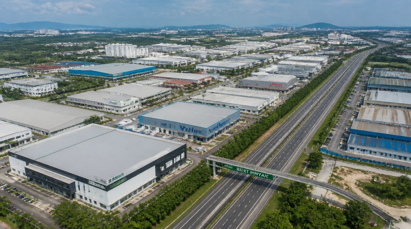An overview of the Bukit Minyak industrial park in Penang with factory blocks and the highway alongside