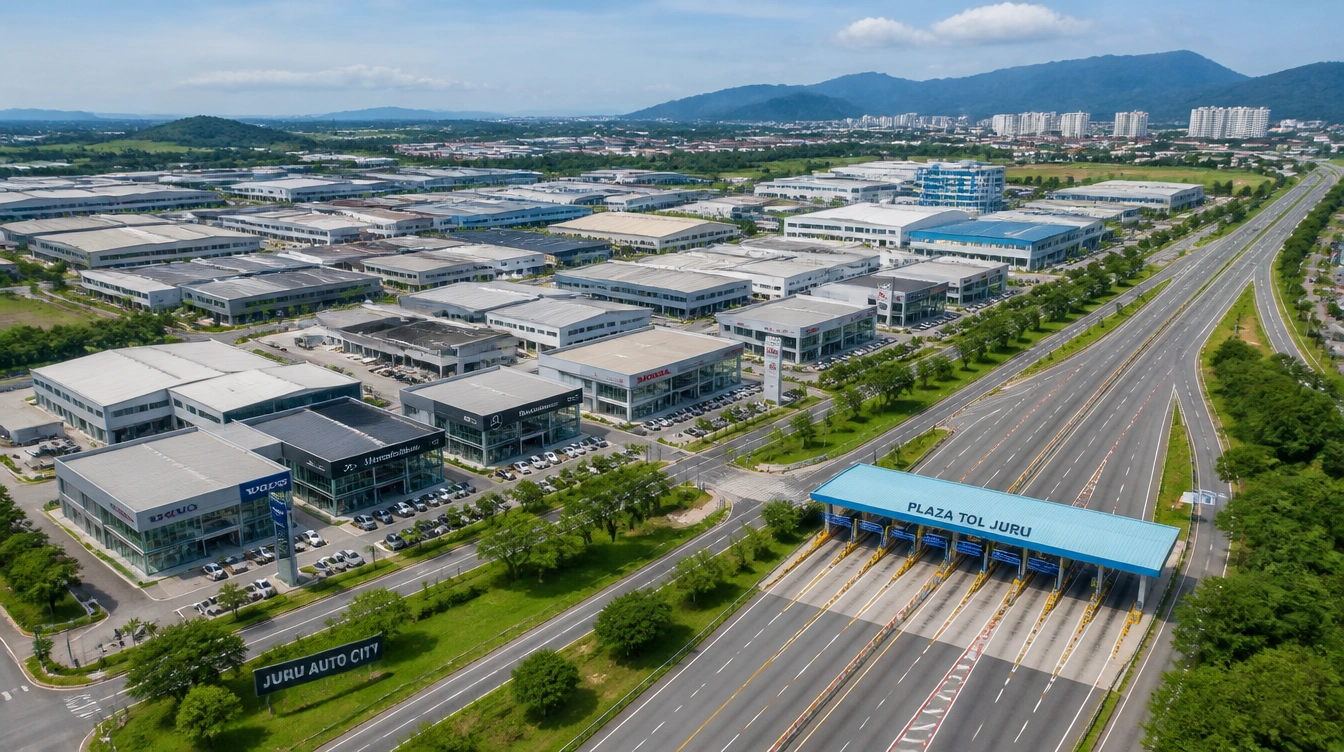 An overview of Juru in Penang with the industrial estate, the auto showrooms and the toll plaza