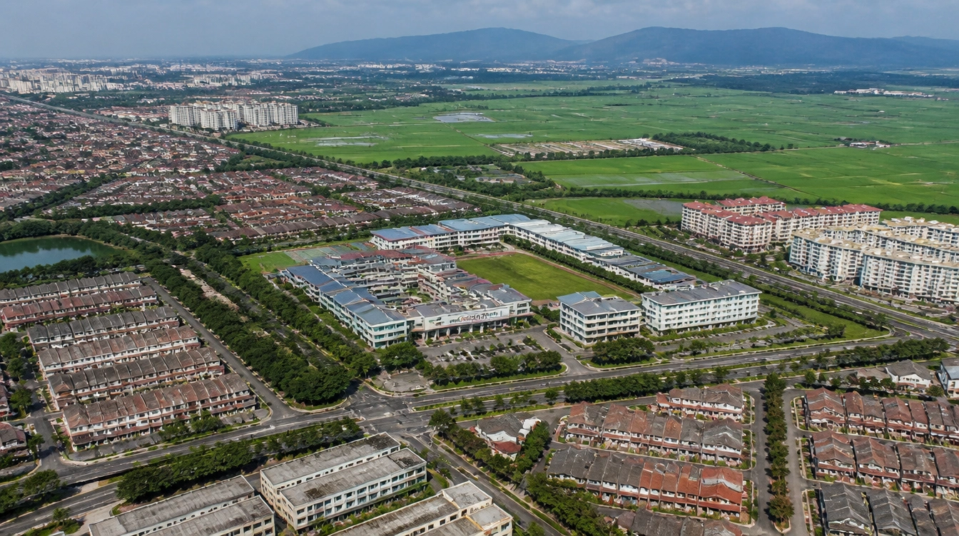 An overview of Permatang Pauh in Penang with housing, the polytechnic grounds and paddy fields beyond