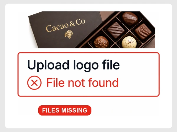 Cacao & Co shows File not found and a red X where its print order needs a logo upload.