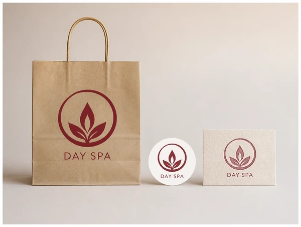 A day spa mark repeated on a paper bag, a sticker and a stamped card