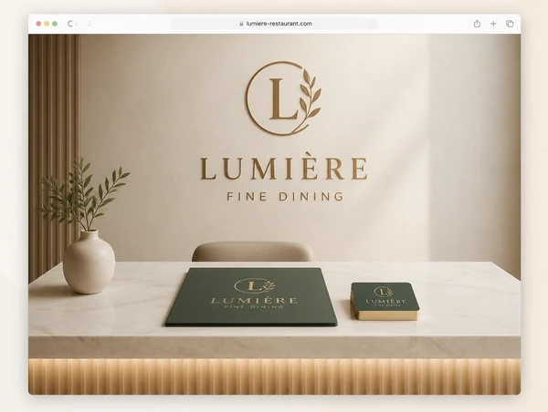 A fine dining restaurant reception counter with the same logo on the wall, a folder and name cards