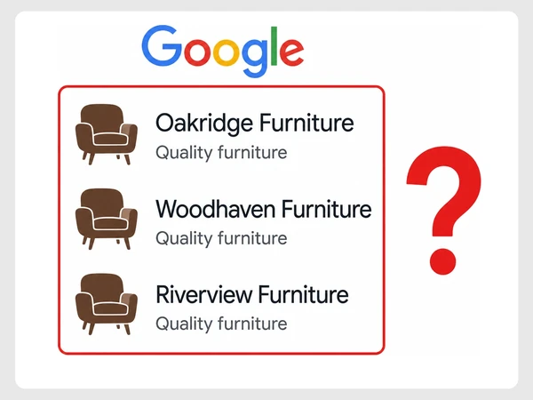 Woodhaven Furniture appears among three Google results sharing the same brown chair logo and Quality furniture tagline.