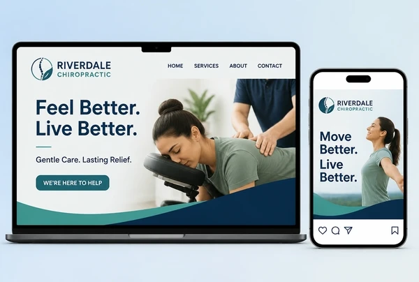 A laptop cover banner and a phone post layout for a chiropractic clinic in one brand style