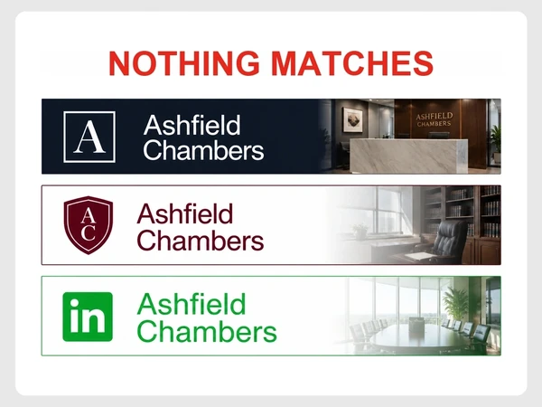 Ashfield Chambers uses mismatched navy, burgundy, and bright green branding across its website, letterhead, and LinkedIn banner.
