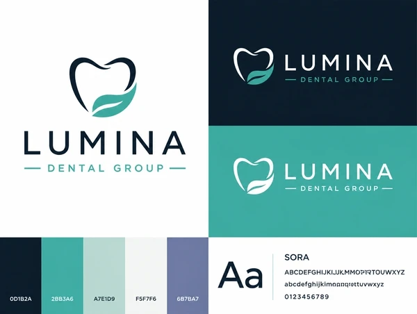 A logo presentation board for a dental group in colour, black and reversed white beside its palette