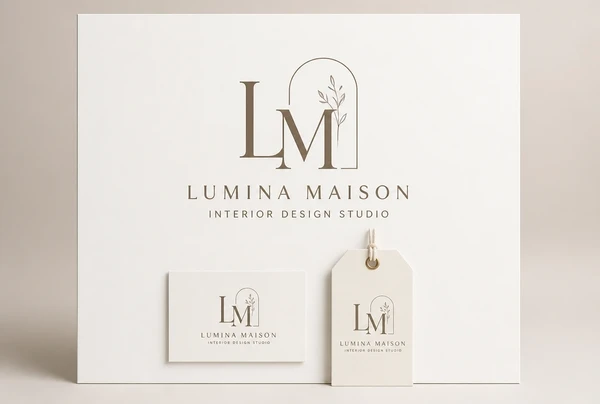 A new interior design studio logo on a presentation board with a name card and tag showing it in use