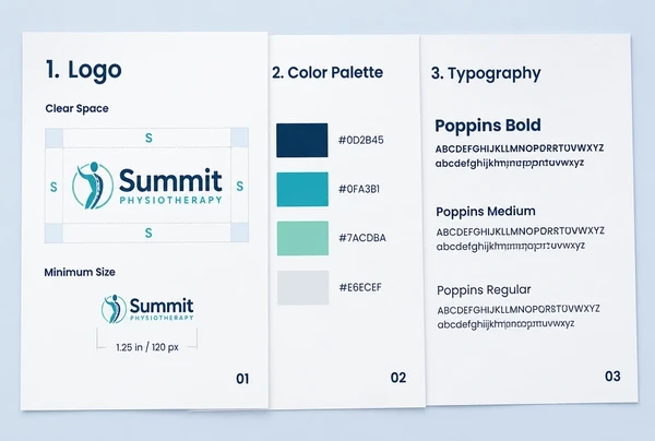 Three physiotherapy practice brand guideline pages showing logo rules, colour codes and typefaces