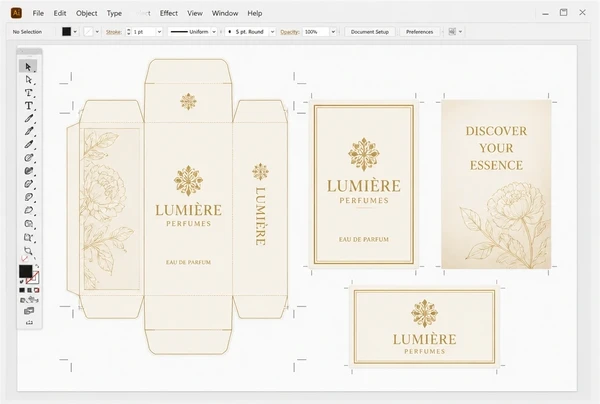 Print ready perfumery artwork showing a flat box, a label, a sign panel and a name card