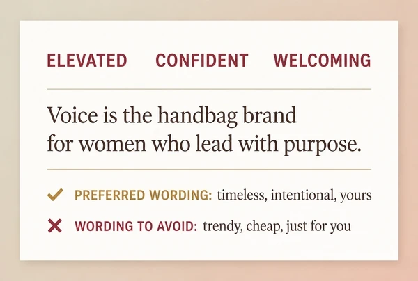 A printed voice card for a handbag brand showing tone words and an approved sentence