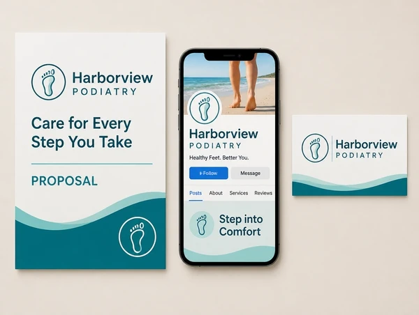 A proposal cover, a phone profile header and a name card for a podiatry practice in one identity