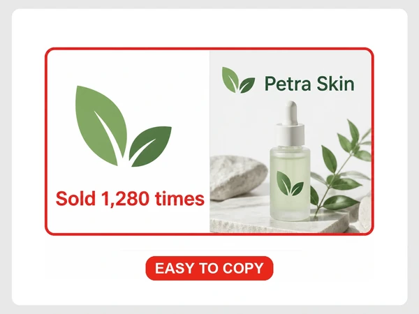 Petra Skin uses a generic leaf logo whose marketplace listing says it sold 1,280 times.