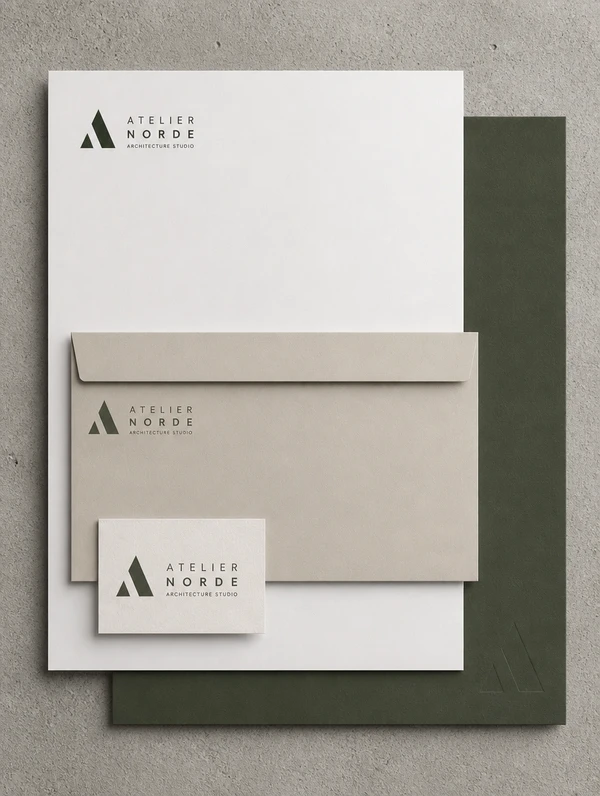 A tall stack of matching stationery for an architecture studio, letterhead, folder and name card