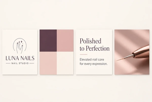 Four tiles for a nail studio showing logo, colours, typefaces and photo style as one set