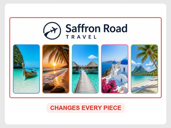 Saffron Road Travel displays five beach flyers with completely different color schemes and fonts.