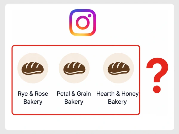Rye & Rose Bakery appears among three Instagram profiles using identical brown bread logos.
