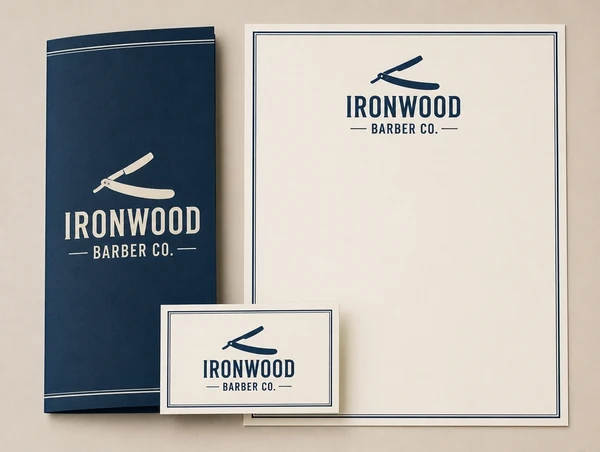 A brochure, name card and letterhead for a barber shop carrying one consistent identity