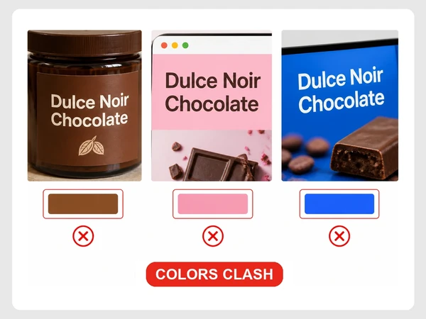 Dulce Noir Chocolate uses clashing brown, pink, and blue styles across its label, website, and shop banner.