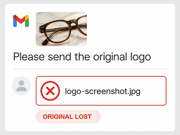 Optica Fine Eyewear replies to an original-logo request with a screenshot JPEG attachment.