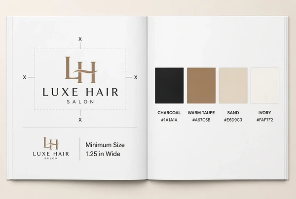 A hair salon brand guidelines book open at a spread showing logo clear space and colour codes