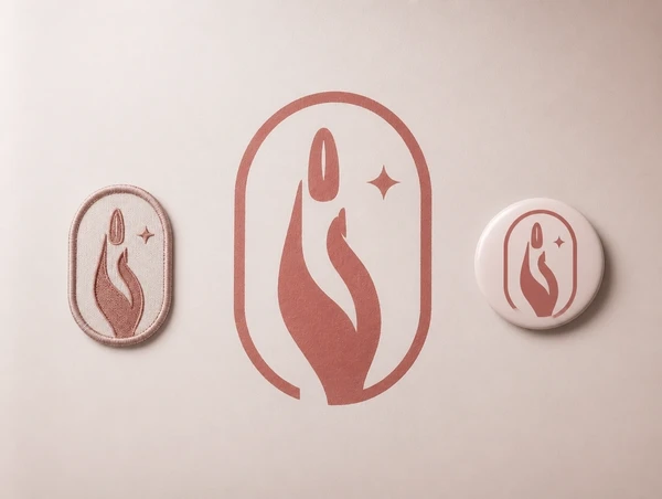One nail studio brand icon shown large painted, small embroidered and as a round badge