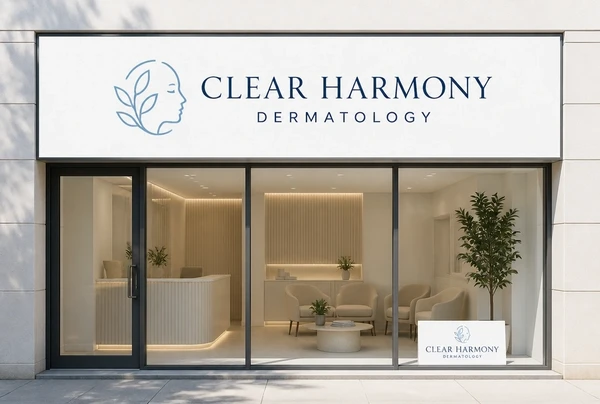 A new dermatology clinic logo on a shopfront sign, with the same logo on a small card below