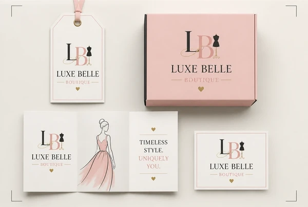 Print ready fashion boutique artwork showing a label, a box, a leaflet and a name card in one identity