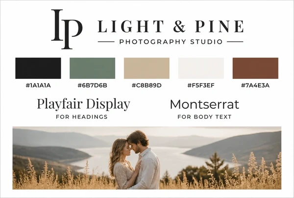A printed identity board for a photography studio showing logo, colours, two typefaces and one photo style