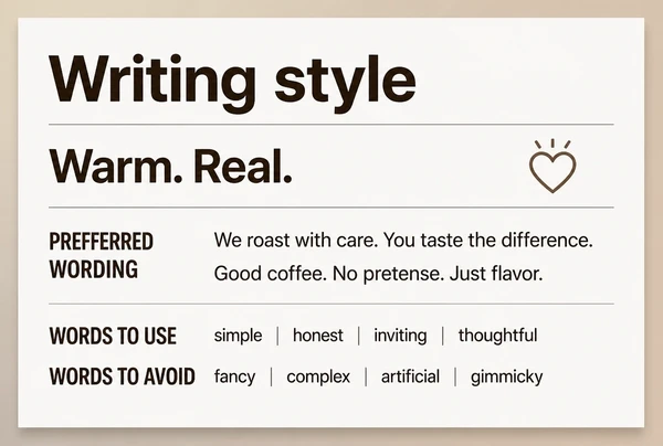 A printed writing style page for a coffee roastery showing tone words and example sentences