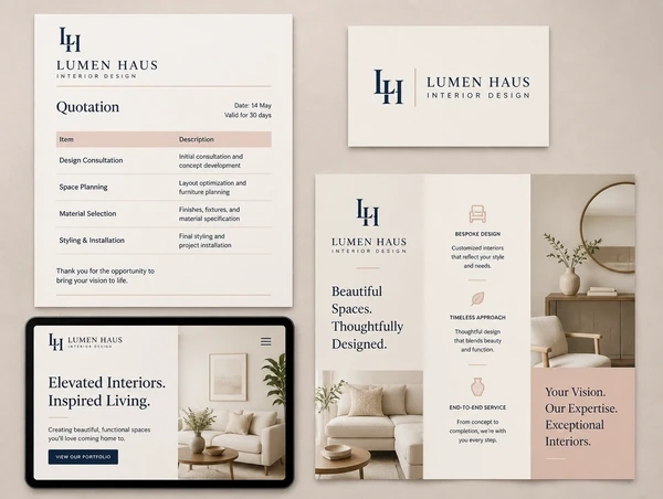 A quotation, name card, leaflet and website header for an interior design studio sharing one identity