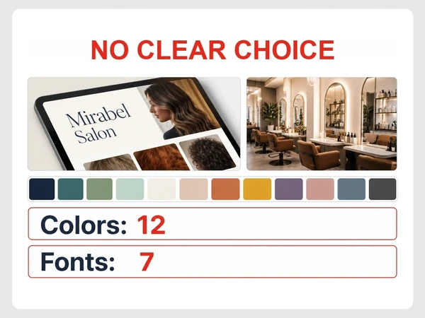 Mirabel Salon has no clear choice among 12 mismatched colors and seven fonts.
