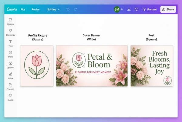 A social template sheet for a florist showing profile, cover and post layouts in one brand