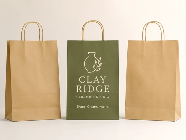 Three bags in a row where only the middle one carries the ceramics studio identity