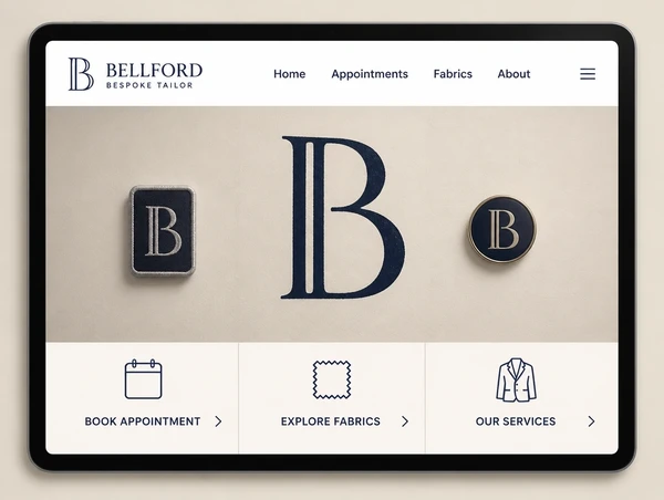 One bespoke tailor brand icon shown large painted, small embroidered and as a round badge