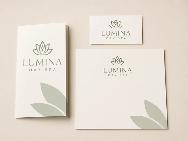 A brochure, name card and letterhead for a day spa carrying one consistent identity