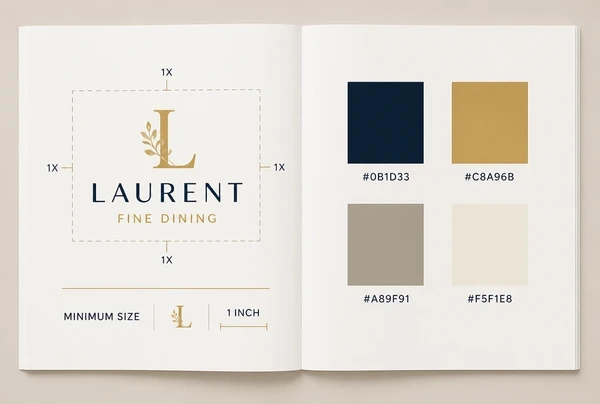 A fine dining restaurant brand guidelines book open at a spread showing logo clear space and colour codes