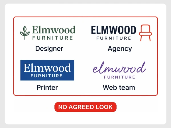 Elmwood Furniture receives four completely different logo styles from its designer, agency, printer, and web team.