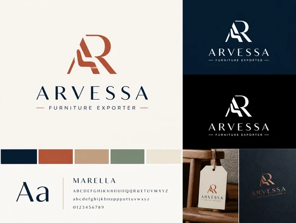 A logo presentation board for a furniture exporter in colour, black and reversed white beside its palette