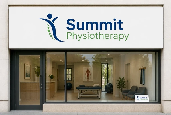 A new physiotherapy practice logo on a shopfront sign, with the same logo on a small card below