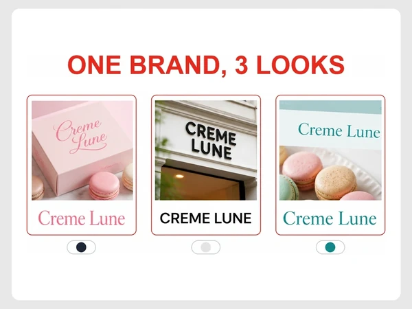 Creme Lune presents three conflicting looks across its pink pastry box, black sign, and teal website.