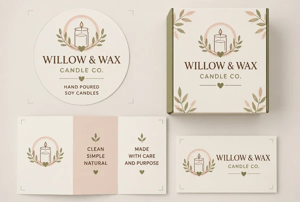 Print ready candle maker artwork showing a label, a box, a leaflet and a name card in one identity