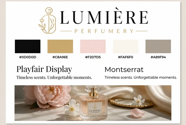 A printed identity board for a perfumery showing logo, colours, two typefaces and one photo style