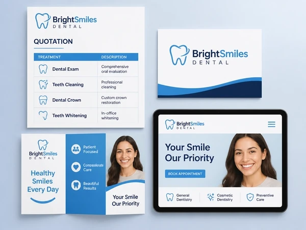 A quotation, name card, leaflet and website header for a dental practice sharing one identity