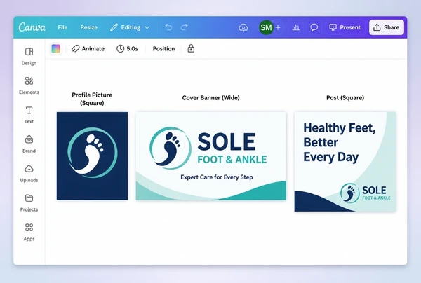 A social template sheet for a podiatry practice showing profile, cover and post layouts in one brand