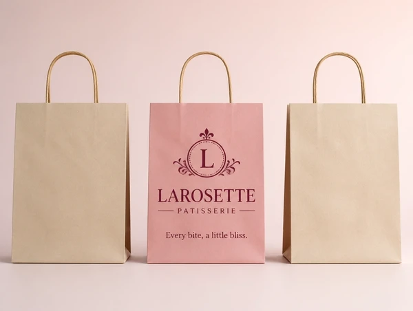 Three bags in a row where only the middle one carries the patisserie identity