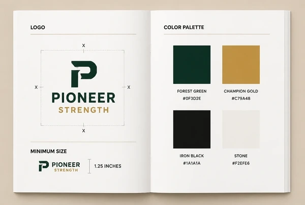 A boutique gym brand guidelines book open at a spread showing logo clear space and colour codes