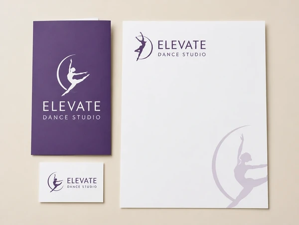 A brochure, name card and letterhead for a dance studio carrying one consistent identity